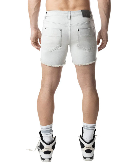Back view of light-wash bleached quad short denim shorts with frayed hem and back pockets
