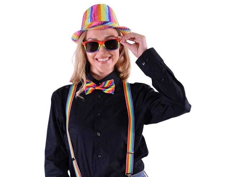 Rainbow-striped fabric fedora hat with brim and crown from the Rainbow Party Kit collection