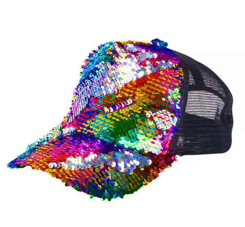 A vibrant rainbow sequin trucker cap with a black mesh back perfect for casual outdoor wear