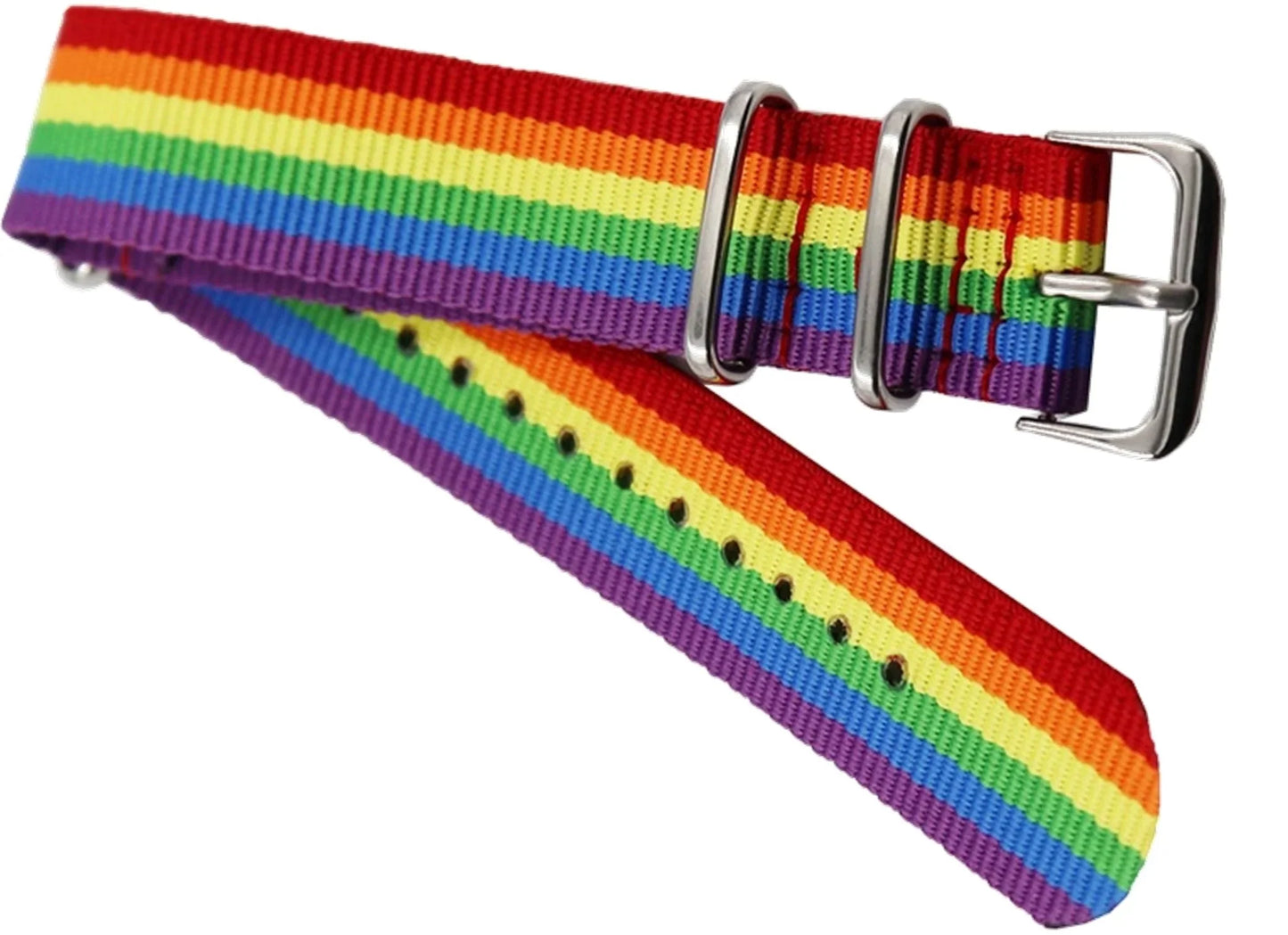 Rainbow strap bracelet with rainbow-striped nylon band and silver-toned buckle and keepers for watches