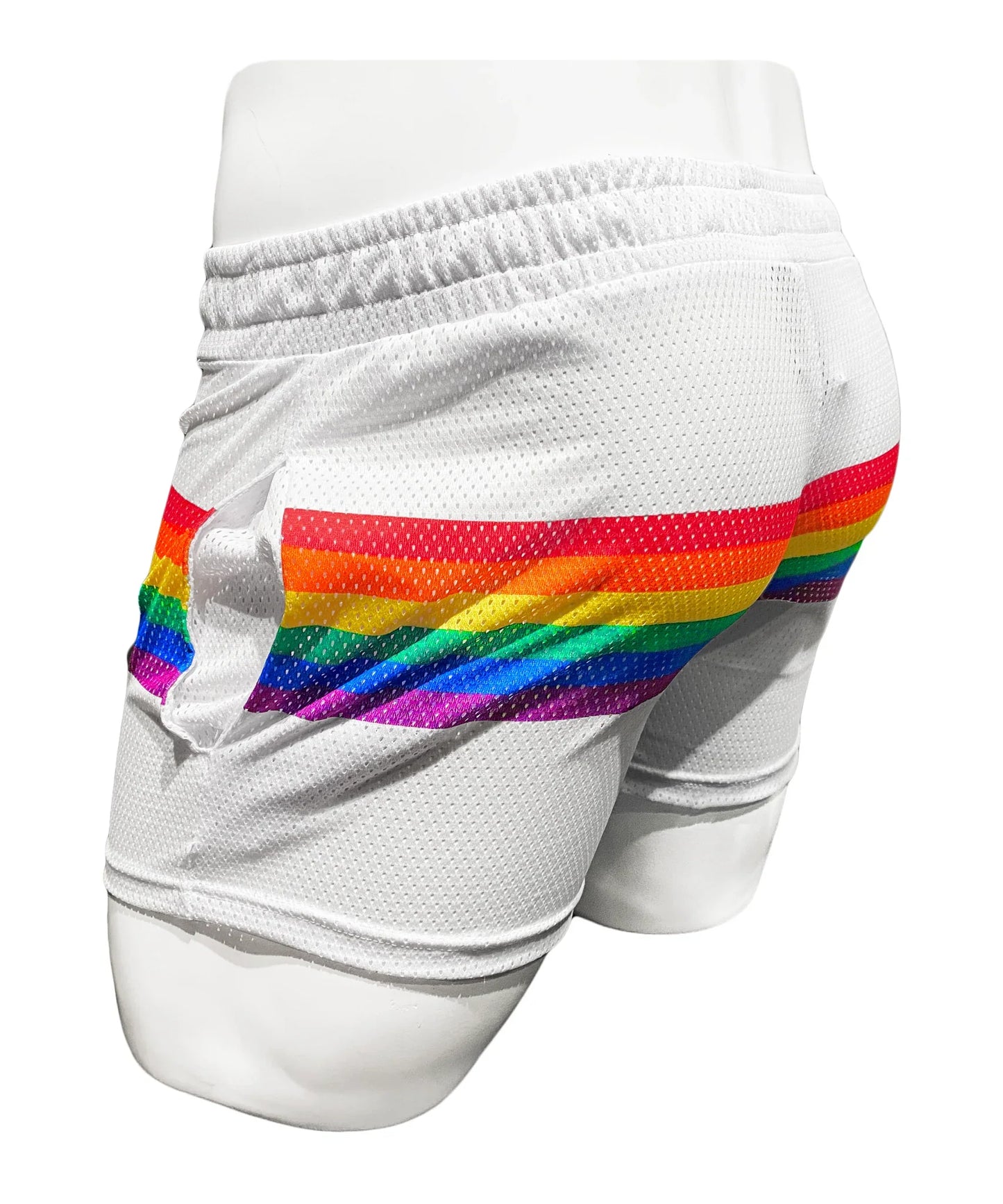 White mesh athletic shorts with a vibrant rainbow stripe on the back for sporty casual wear