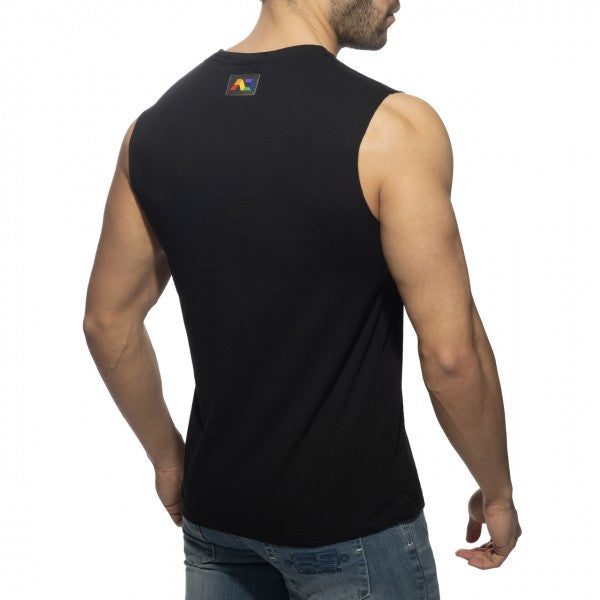 Black sleeveless tank top with a small colorful logo patch on the upper back showing the back side of the rainbow tape tank top