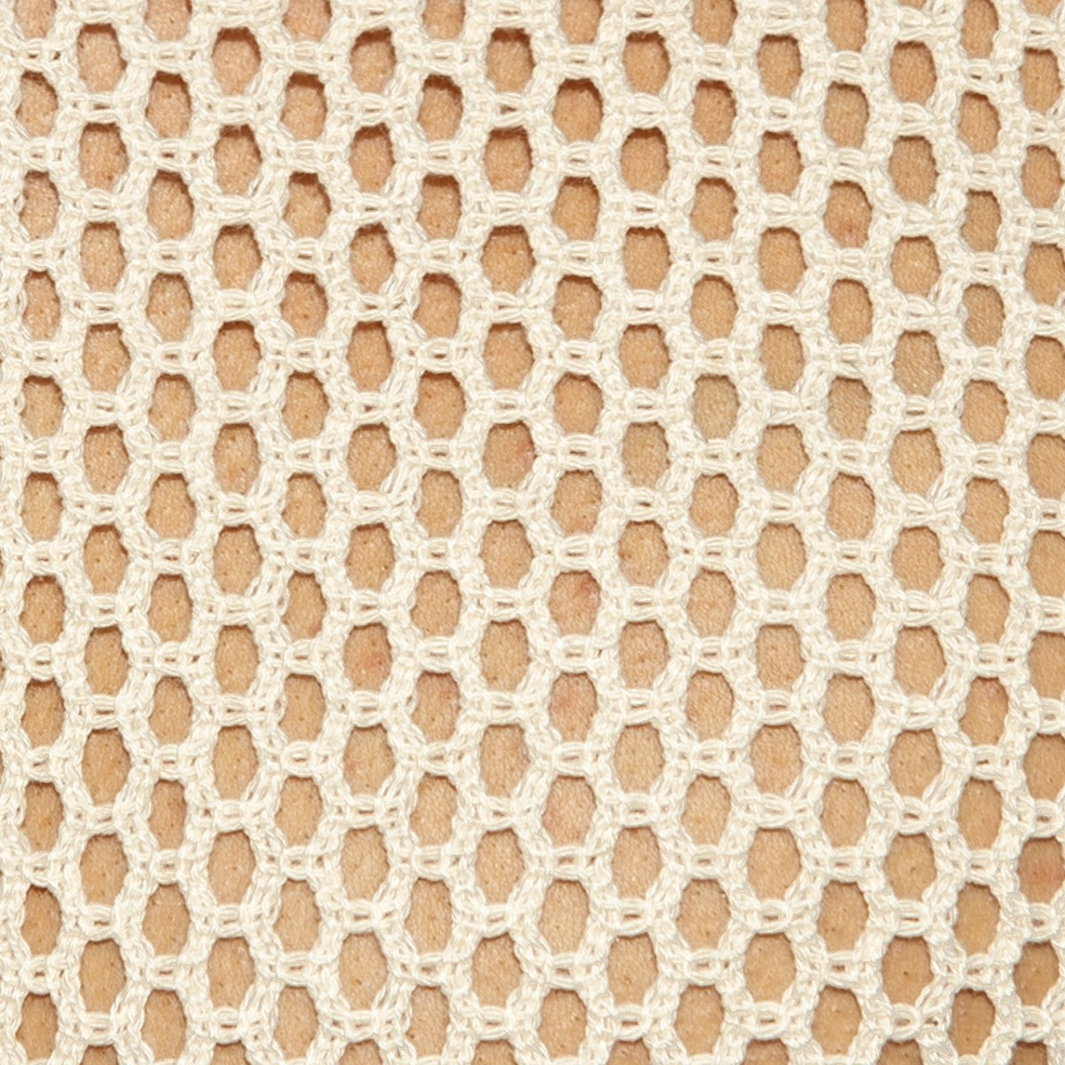 Off-white raw crochet t-shirt featuring breathable mesh fabric with a consistent hexagonal pattern