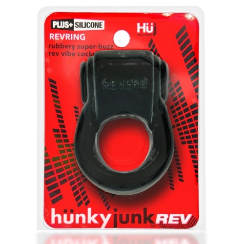 Black silicone revring with vibe featuring a red interior branded as hunky junk rev for comfortable wear