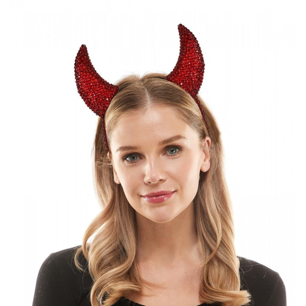 Rhinestone devil headband featuring red rhinestone-covered horns for costume or party wear