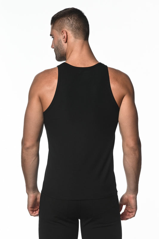 Black rib modal tank sleeveless athletic top with seamless construction and rounded neckline for activewear use