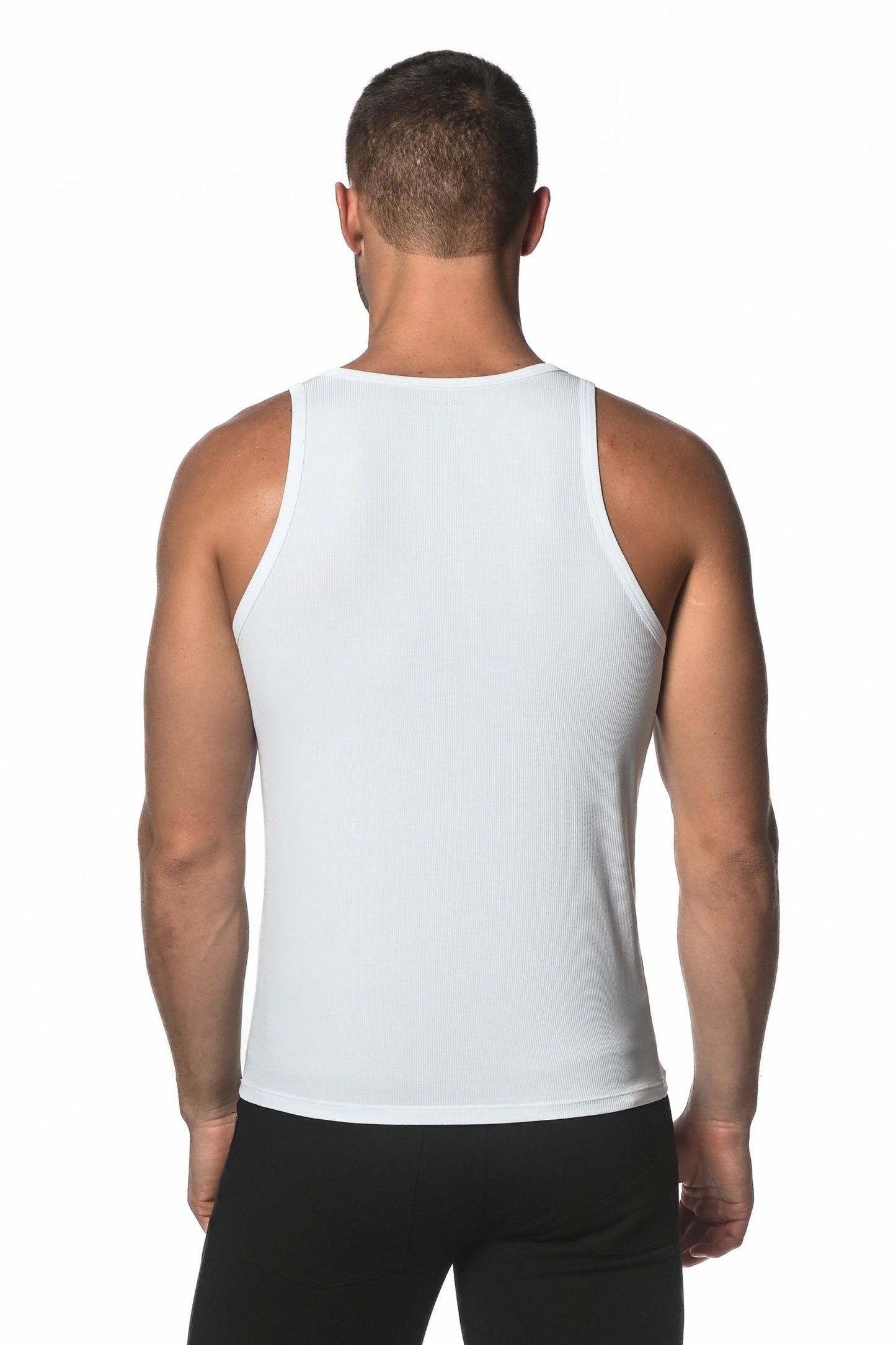 White sleeveless rib modal tank top with smooth form-fitting fabric ideal for athletic wear