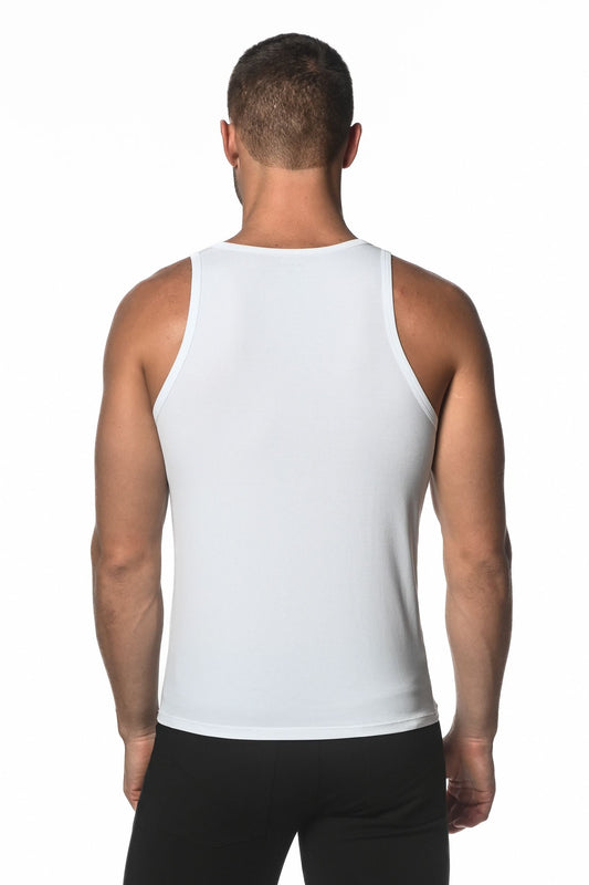 White sleeveless rib modal tank top with smooth form-fitting fabric ideal for athletic wear