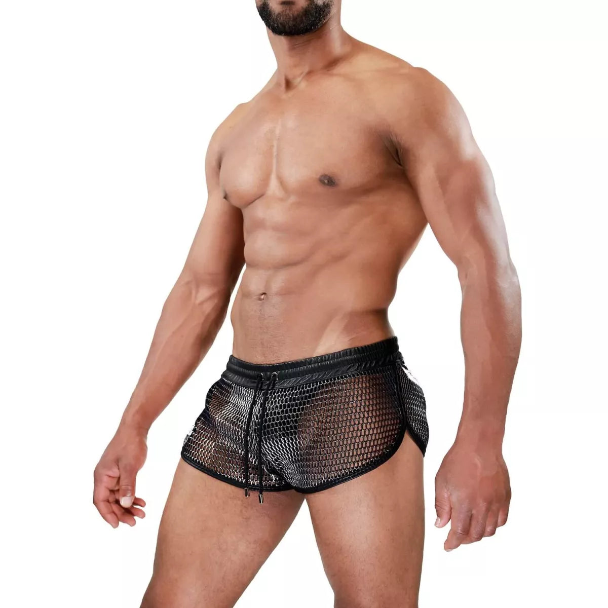 Black mesh roman shorts with a drawstring waistband designed as swim trunks for water activities