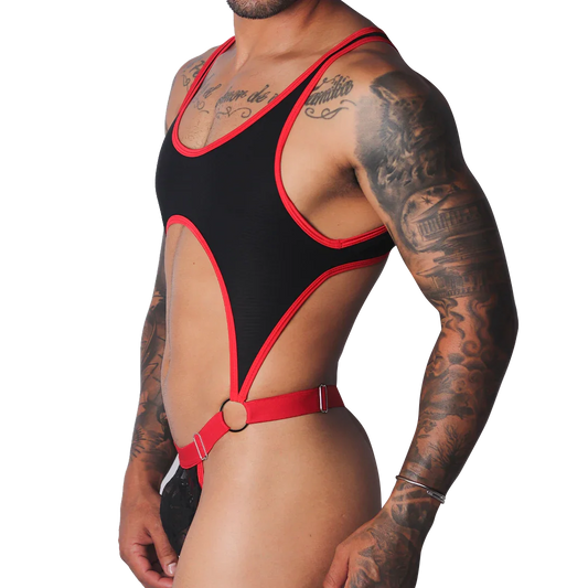 Black sleeveless bodysuit with red trim, high-cut sides, a chest cutout, and a red metal-ring waist strap.