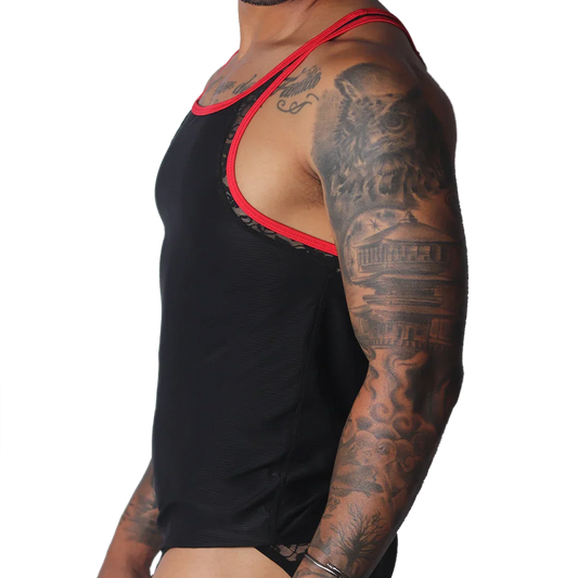 Black tank top with red trim, featuring intricate black lace side panels and racerback-style straps.