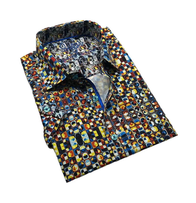 Rosie s s buttondown men’s dress shirt with bold yellow blue orange and black geometric square pattern