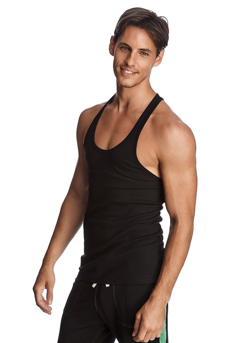 Black racer-back yoga tank top with fitted, form-fitting design ideal for activewear and workouts