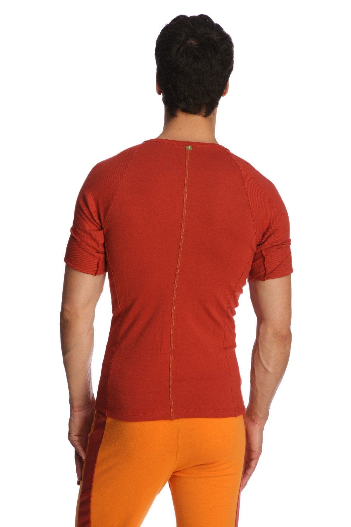 Back view of a fitted short-sleeved cinnabar raglan virtual crew neck shirt with central zipper and seam detailing