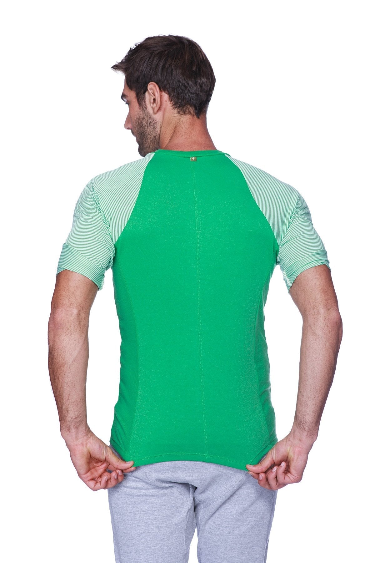 Raglan virtual crew neck t-shirt with green and green white striped raglan sleeves in soft breathable fabric