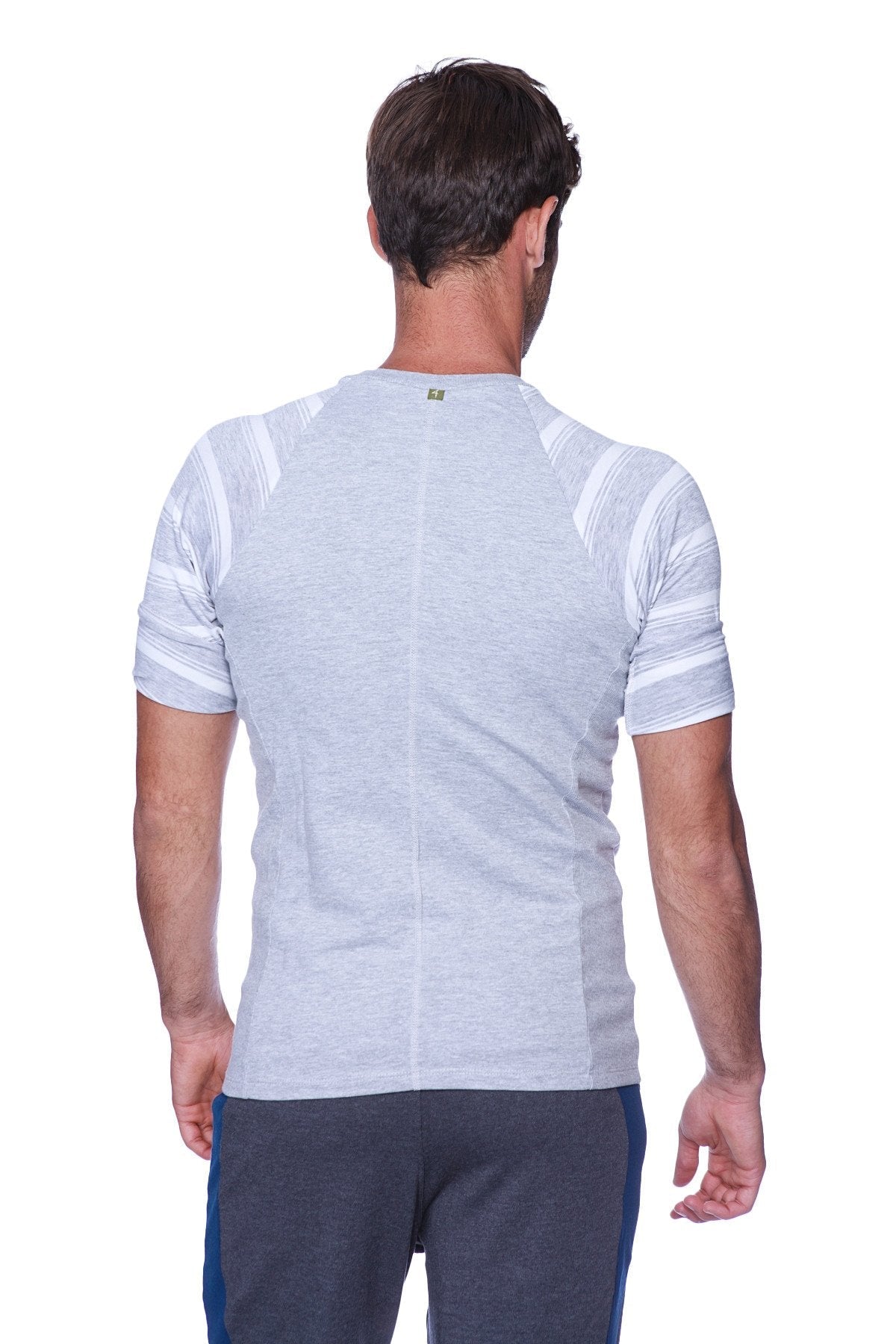 Gray heathered short sleeve raglan virtual crew neck shirt with white striped shoulder and sleeve panels