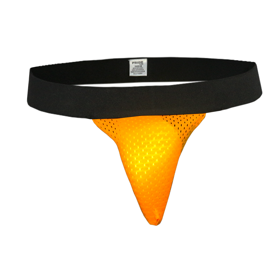 Bright orange mesh ring thong with black elastic waistband shown from the back in sock bundle set