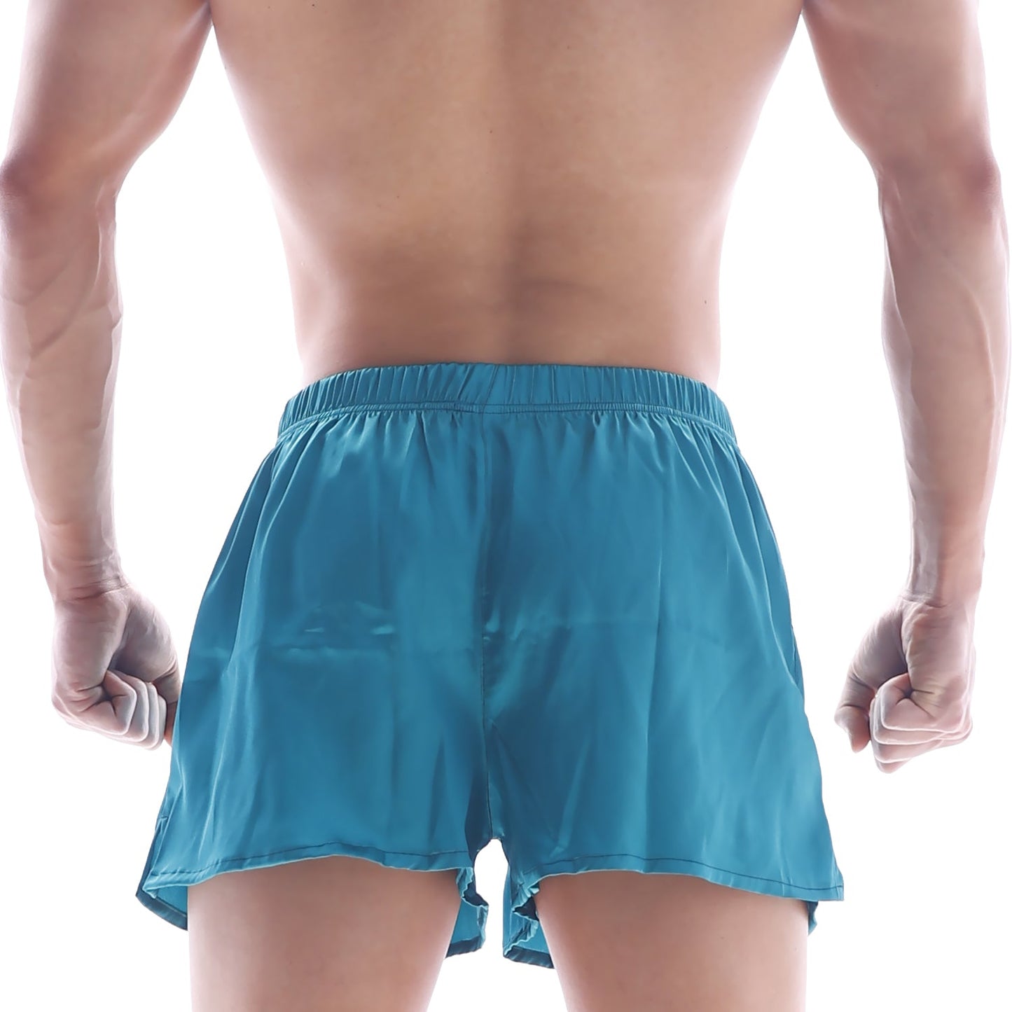 MetroMaleWear silk satin turquoise boxer shorts with elastic waistband and slightly flared hem in teal