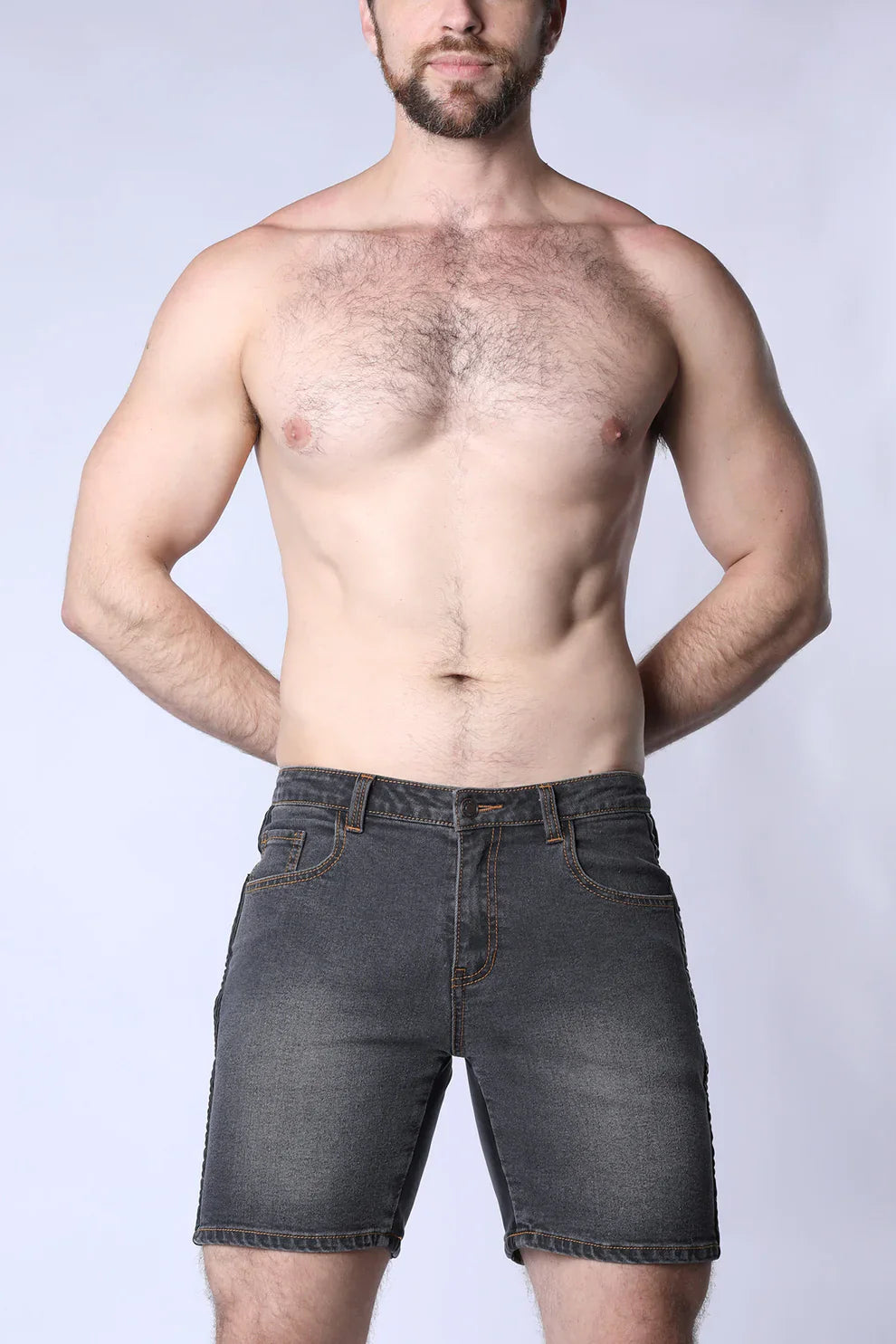 Saddleback denim short dark-wash denim shorts with classic five-pocket design and stitched hem for casual wear
