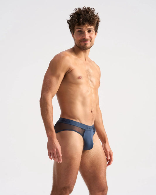 Navy blue mesh-trimmed score sheer brief with sleek modern design made of breathable fabric for comfortable wear