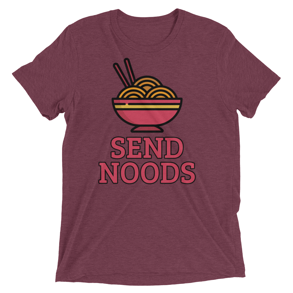Maroon heathered cotton t-shirt with colorful cartoon bowl of noodles and bold pink send noods text on front