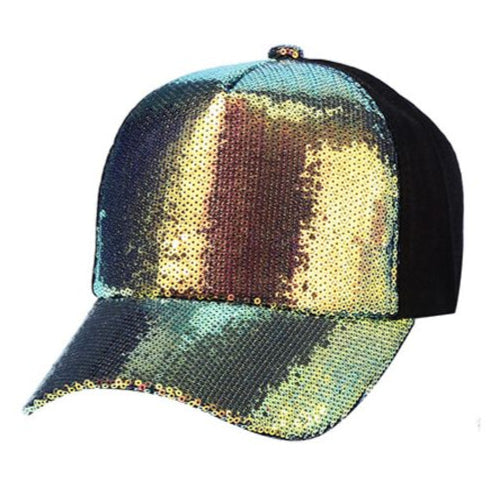 Sequin baseball cap with black mesh back and iridescent teal gold and bronze sequins on the front and brim