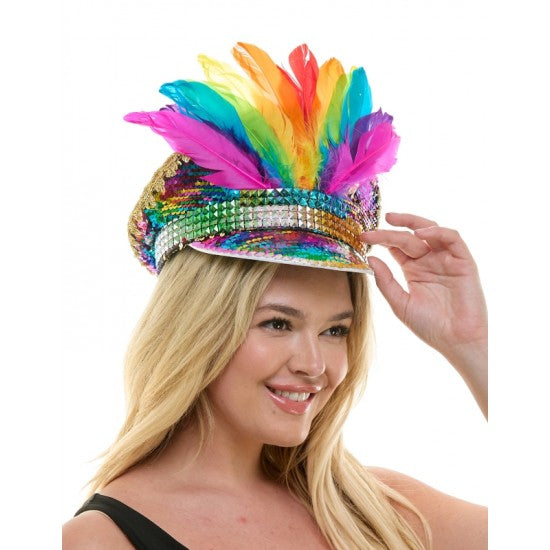 Sequin festival hat with rainbow feathered visor adorned with sequins and a glittery band for vibrant events