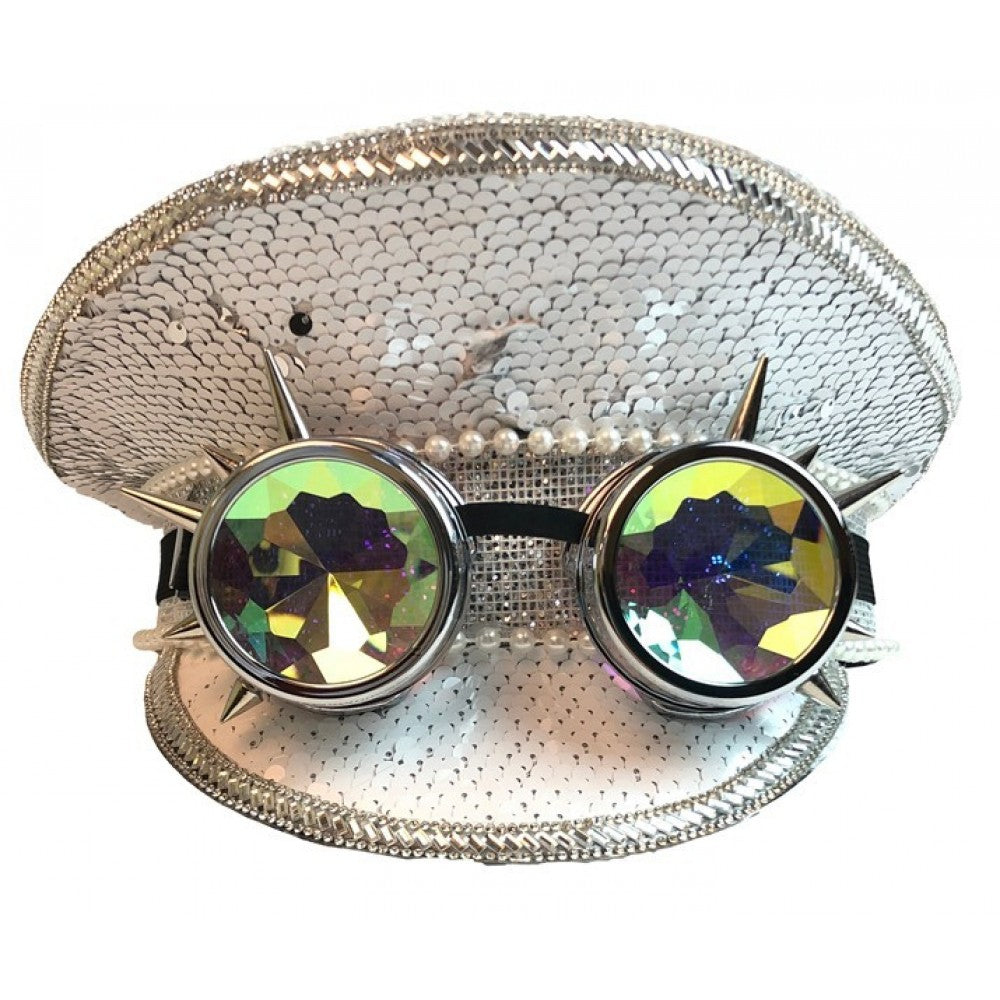 Silver sequined festival hat with spiked goggles featuring iridescent multifaceted lenses and a pearl accent