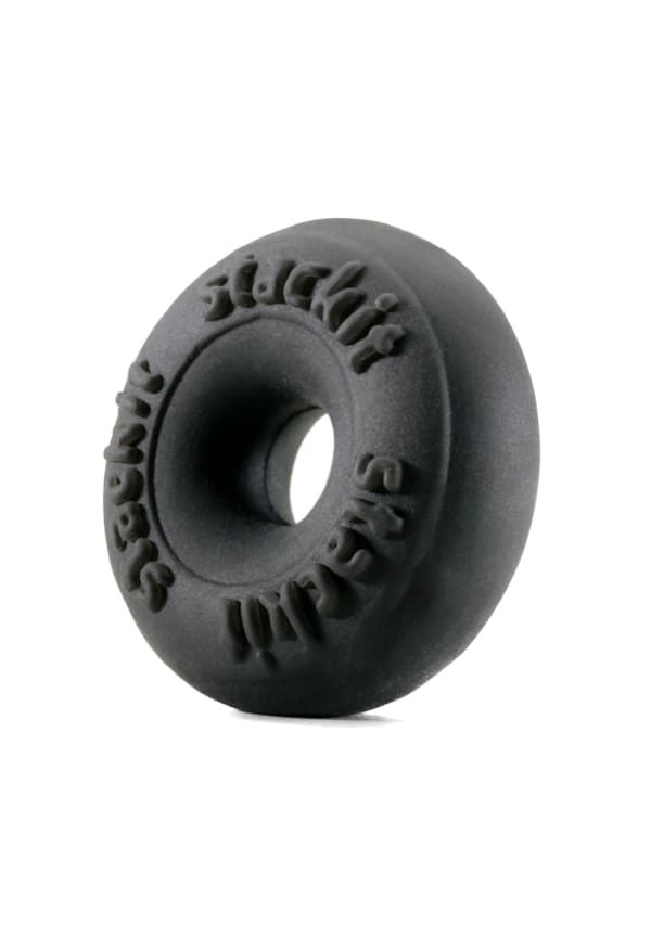 Black rubber donut-shaped kila skin stackit ring with embossed text around the circumference