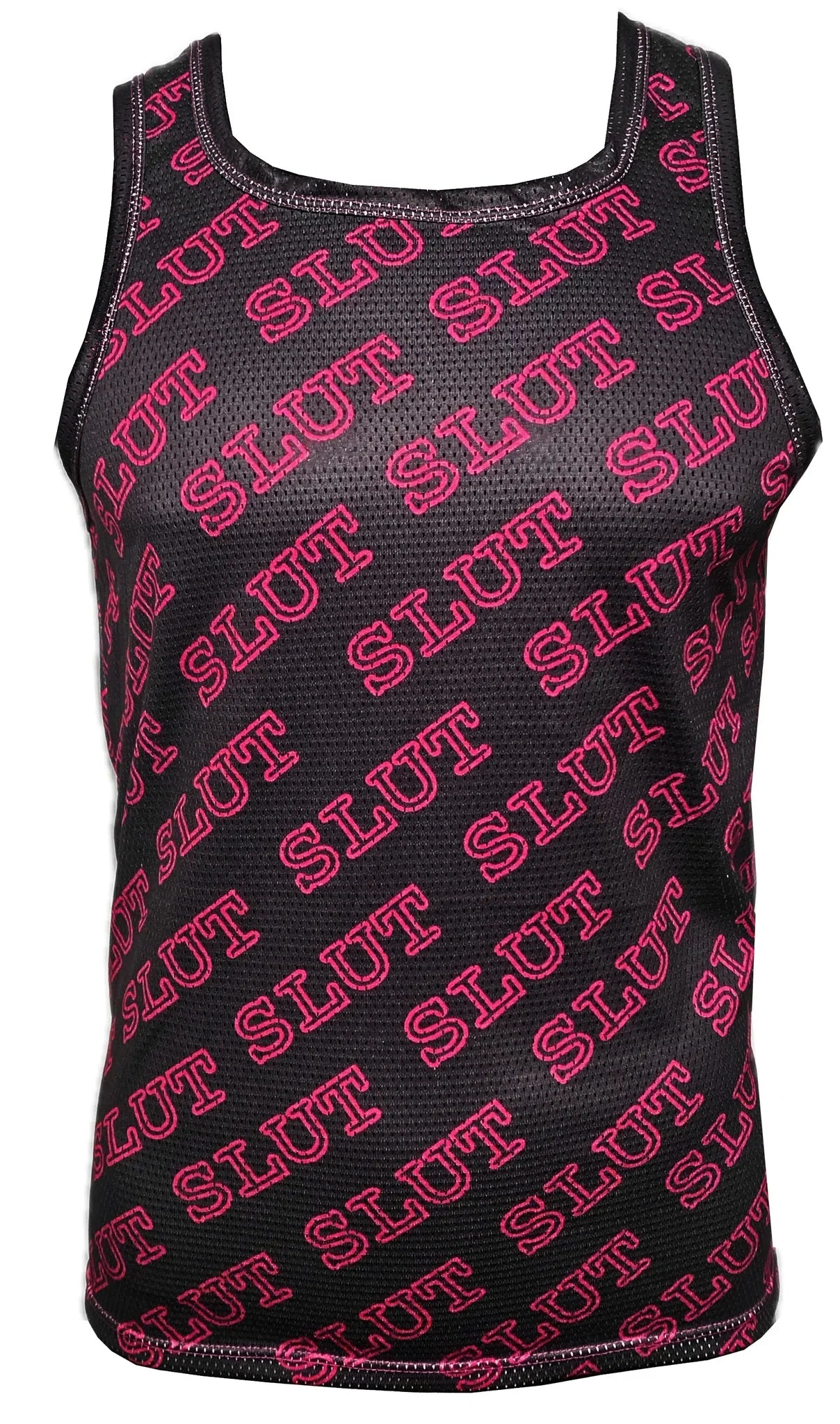 Black mesh sports tank top with bold pink slut lettering printed diagonally across the fabric