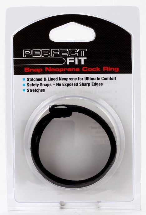 Black snap neoprene cock ring in clear plastic packaging with perfect fit branding for comfortable wear