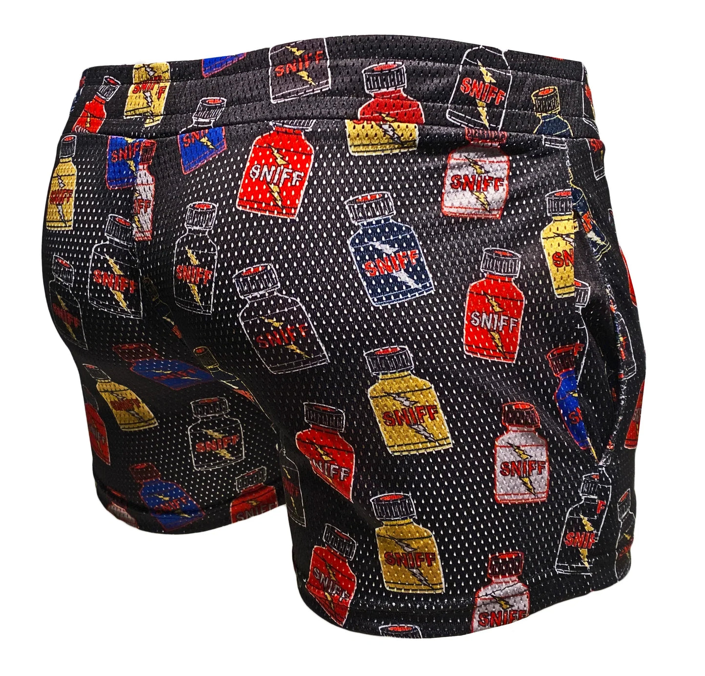 Black mesh sniff print booty short with colorful red yellow and blue spray bottle pattern