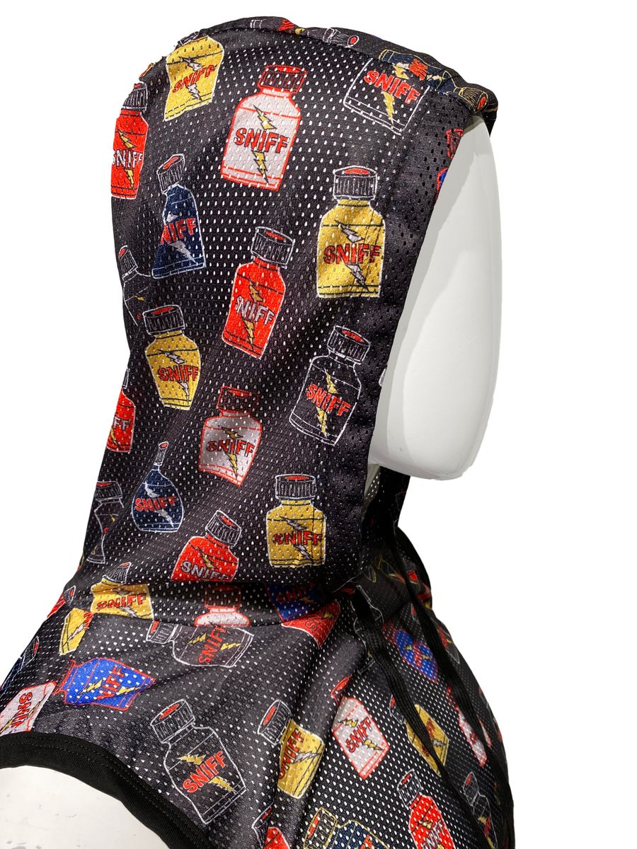 Black mesh hooded tank top featuring colorful repeating sniff bottle pattern in red yellow and blue