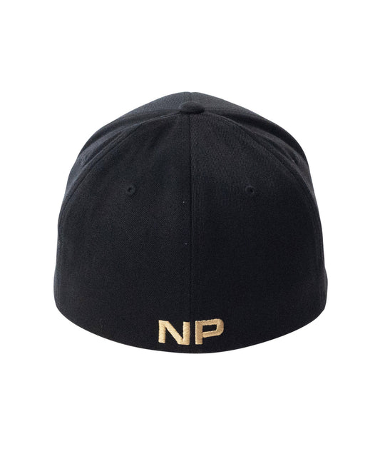 Back view of black snout 2 tone cap with gold embroidered np logo on fitted baseball cap material