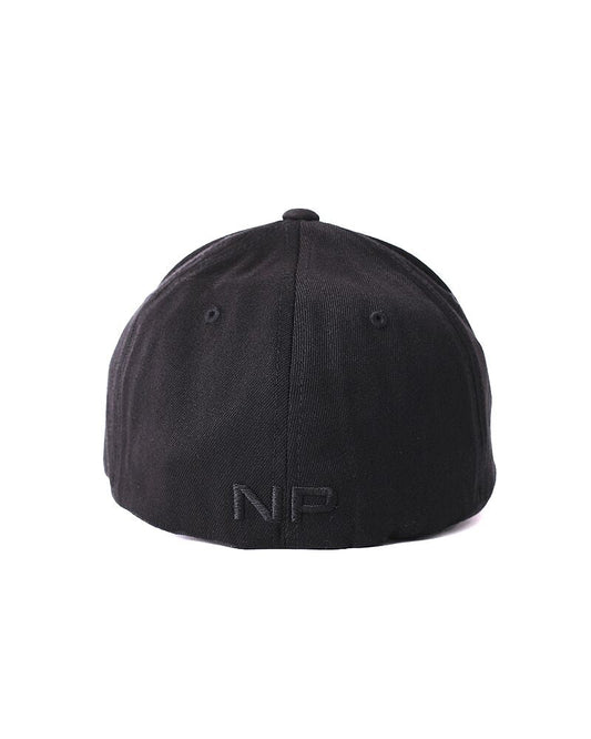 Black np-branded snout cap showing the back with a structured six-panel design and embroidered logo