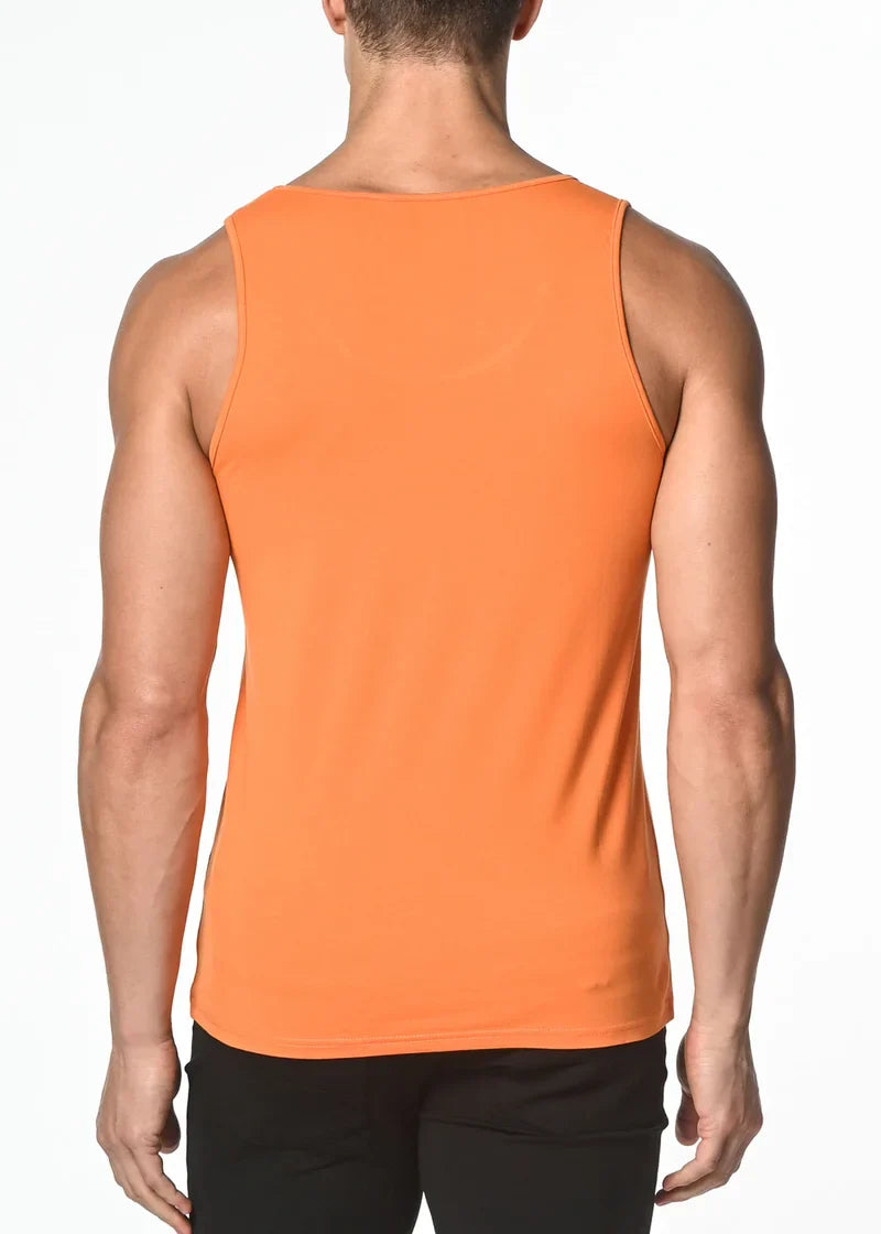 Orange solid stretch jersey sleeveless athletic tank top designed for comfortable activewear use