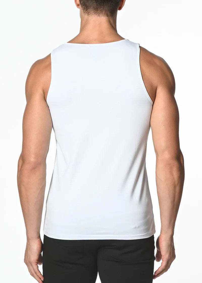 White sleeveless solid stretch jersey tank top with a simple fitted design for casual and active wear