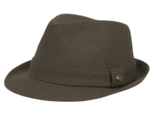Olive green solid wool fedora with matching band and gold toned button for stylish headwear options