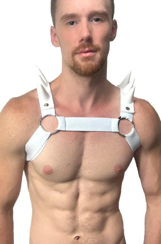 White leather spiked bulldog harness with metal rings and spiked shoulder straps for durable style and support