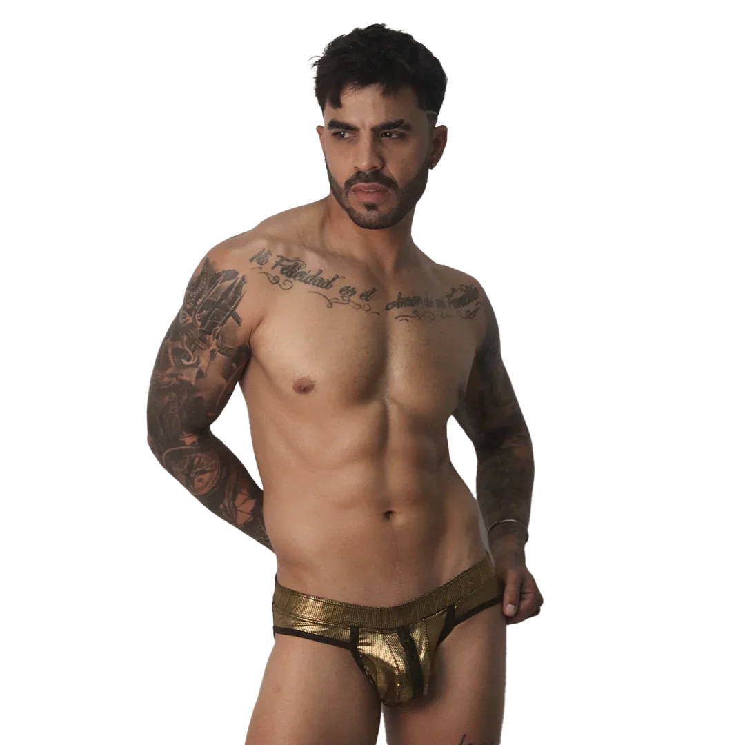 Metallic gold jockstrap with a contoured pouch, dark trim, and a wide, textured elastic waistband.