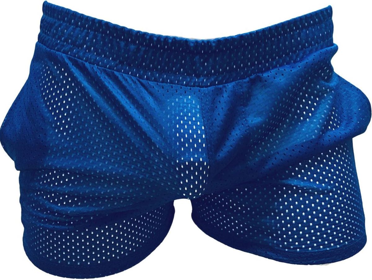 Blue sports mesh shorts with breathable perforated design for athletic use made from lightweight mesh material