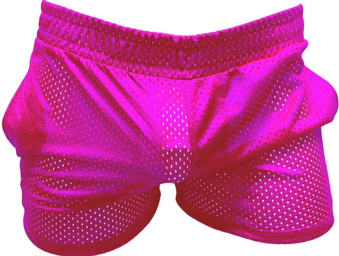 Vibrant fuchsia sports mesh short with snug elastic waistband made from breathable mesh material