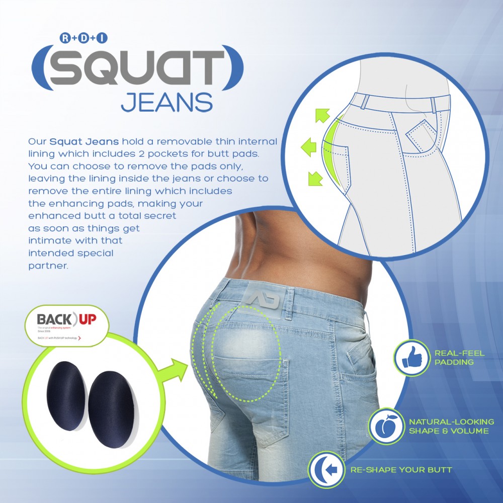 Light blue denim squat bermuda jeans with removable internal padding for enhanced shape and volume