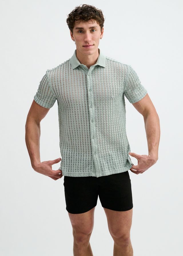 ST33LE Open Knit Stretch S/S Shirt With Rib Collar - Ocean