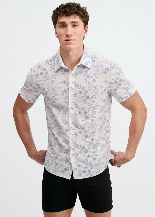 ST33LE Printed Eyelet Stretch S/S Shirt - Sky/White