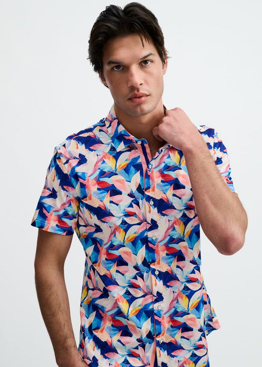 ST33LE Herren-Stretch-Strickhemd mit Blatt-Print – Marineblau/Blush-Blätter