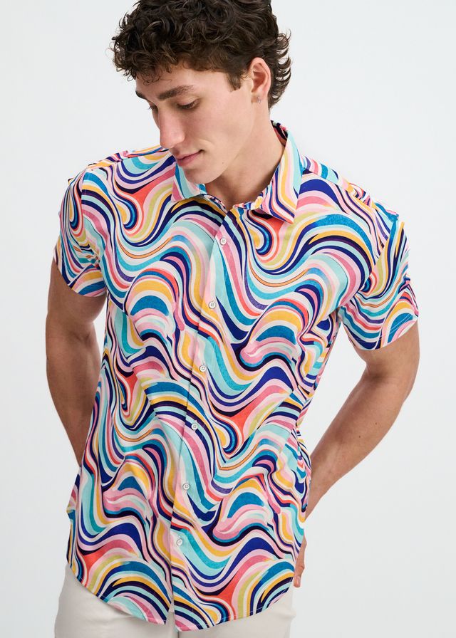 ST33LE Swirls Print Stretch Knit Shirt - Teal/Multi