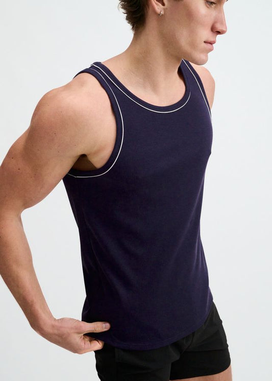 Navy rib-knit tank top with white piping along the scoop neck and armholes.
