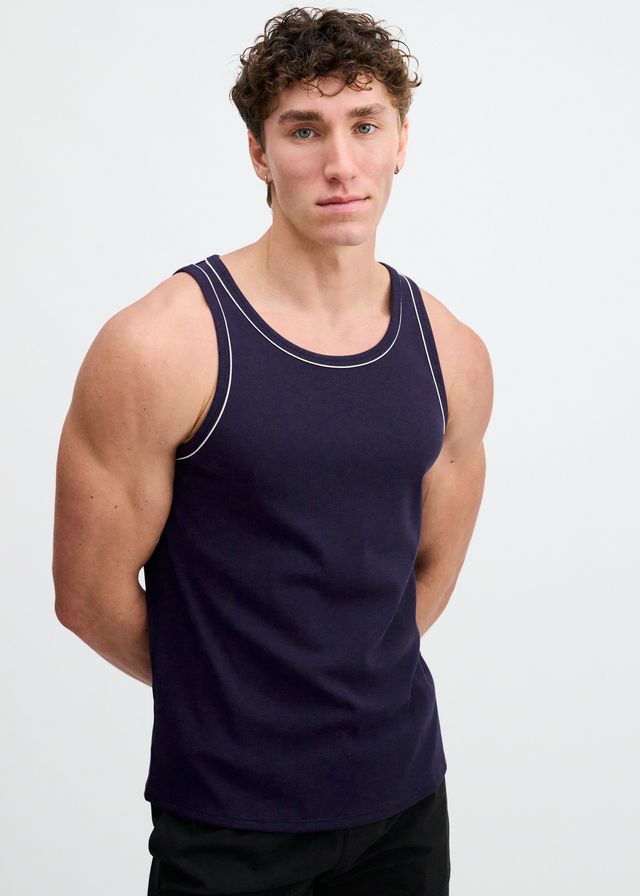 ST33LE Rib Stretch Ringer Tank W/ Piping Detail - Navy/White