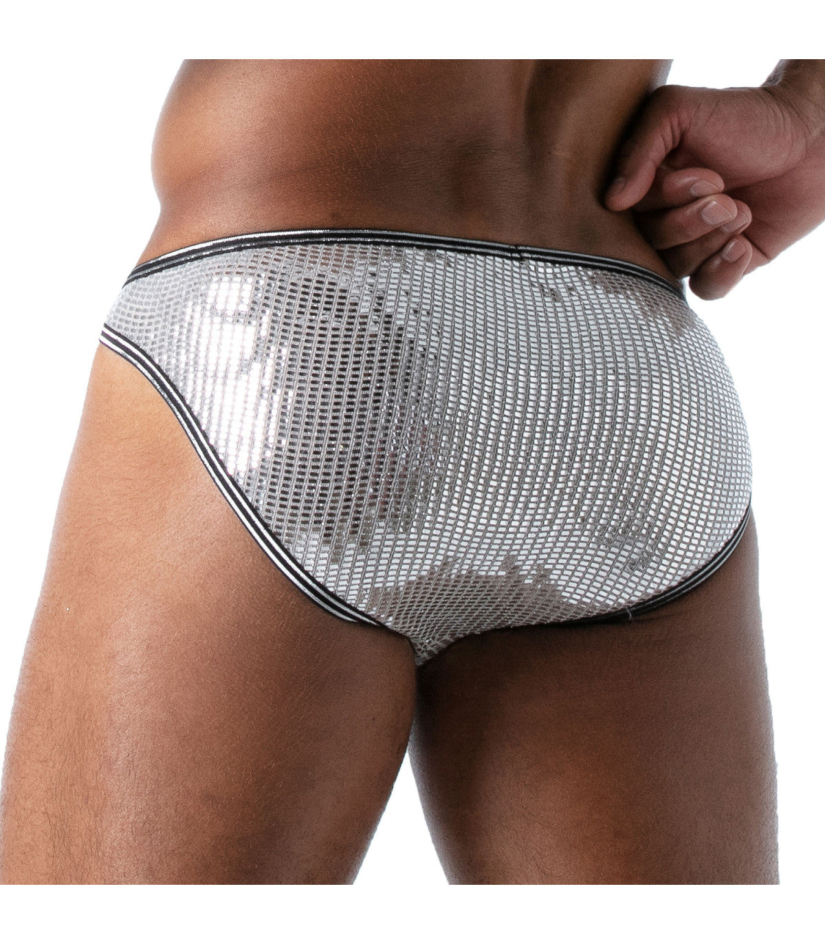 Star bikini brief silver mesh briefs with black trim showcasing breathable and stylish swimwear design